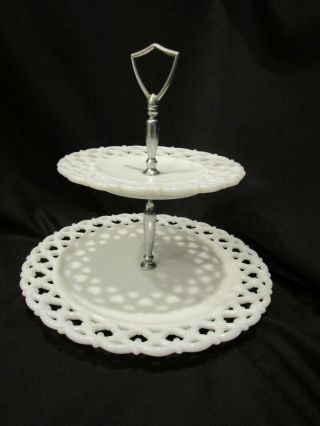 Vintage Westmoreland Lace/flower Edge Milk Glass Two - Tier Server Tray