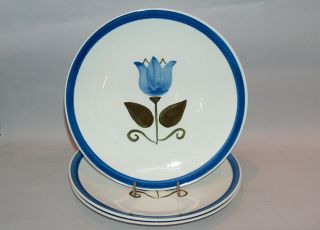 7981: Vintage Set 3 Stangl Dinner Plates Blue Tulip Hand Painted 10.  5 "