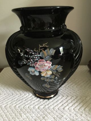 Vintage Fenton Hand Painted Art Glass Vase Signer Alice Farley Black Amethyst