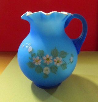 Vintage Glass Pitcher Mid Century Modern Blue Cased Hand Painted Daisy Signed