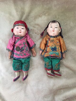 2 Vintage Chinese Composition Dolls In Embroidered Silk Clothing