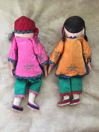 2 Vintage Chinese Composition Dolls In Embroidered Silk Clothing 2