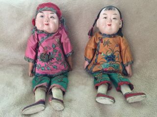 2 Vintage Chinese Composition Dolls In Embroidered Silk Clothing 3