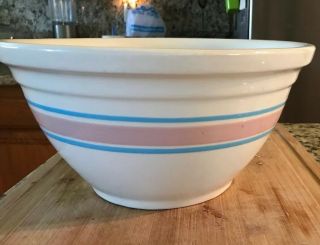 Vintage Large Mccoy Usa Oven Ware Cream Mixing Bowl12 " Pink And Blue Stripes