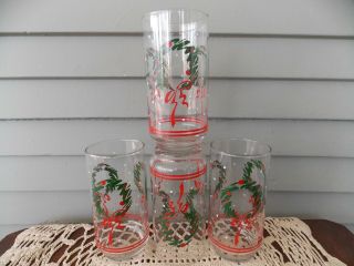 Set Of 4 Vintage Libbey Clear Glass Christmas Tumblers With Wreaths & Red Bow