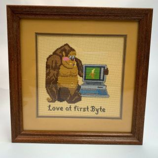 Vintage Completed Cross Stitch Framed " Love At First Byte " Computer Geek It