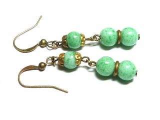 Vintage 1930s Art Deco Green Peking Glass Bead Earrings - To Match Old Necklace