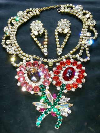 1960s Flower Omg Necklace Set Bib Vintage Glass Signed Bijoux Mg F156