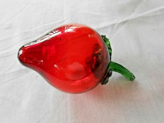 Vintage Murano Hand Blown Clear Glass Red Strawberry W/green Stem