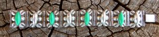 Vintage Taxco Mexico Sterling Silver Modernist Green Stone 7 Inch Bracelet 54.  3g