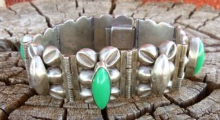 Vintage Taxco Mexico Sterling Silver Modernist Green Stone 7 inch Bracelet 54.  3g 2