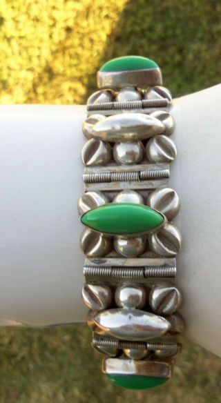 Vintage Taxco Mexico Sterling Silver Modernist Green Stone 7 inch Bracelet 54.  3g 3