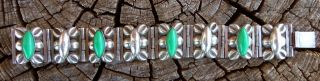 Vintage Taxco Mexico Sterling Silver Modernist Green Stone 7 inch Bracelet 54.  3g 4