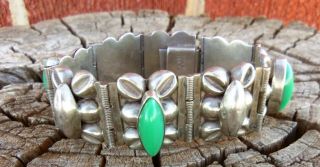 Vintage Taxco Mexico Sterling Silver Modernist Green Stone 7 inch Bracelet 54.  3g 5
