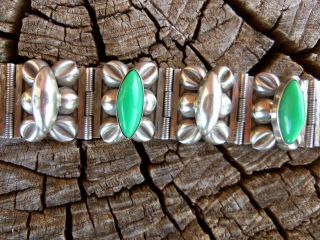 Vintage Taxco Mexico Sterling Silver Modernist Green Stone 7 inch Bracelet 54.  3g 6