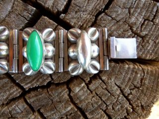 Vintage Taxco Mexico Sterling Silver Modernist Green Stone 7 inch Bracelet 54.  3g 7
