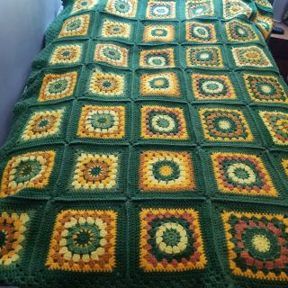 Vintage Green Handmade Afghan Granny Square Blanket Sofa Throw Twin Bedspread
