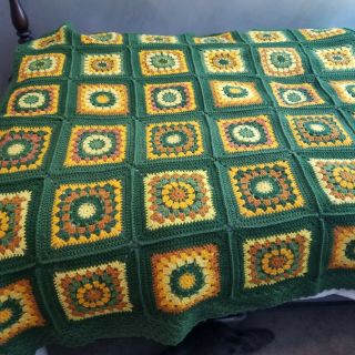 Vintage Green Handmade Afghan Granny Square Blanket Sofa Throw Twin Bedspread 2