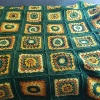 Vintage Green Handmade Afghan Granny Square Blanket Sofa Throw Twin Bedspread 3