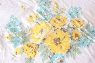 Vintage Tablecloth White Yellow Roses Turquoise Flowers Shabby Cottage Chic B16
