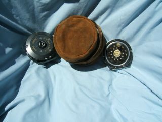2 - Vintage Fly Reels W/ Dart 404 Double Suede Leather Fly Reel Case