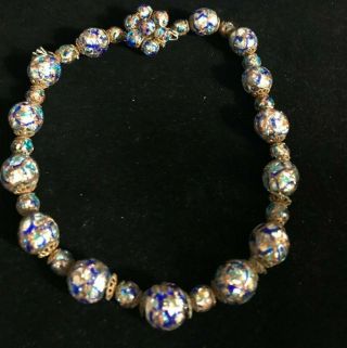 15 " Vintage Murano Glass Bead Multi Color Blue Sparkling Copper Bead Necklace