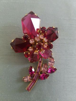 Large Vintage Made In Austria Crystal Rhinestone Pink Pin Flower Brooch