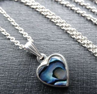 Vintage 925 Sterling Silver Abalone Heart Pendant Charm Chain Necklace - D264