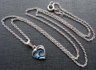 vintage 925 STERLING SILVER abalone heart pendant charm chain necklace - D264 2