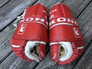 Vintage Koho 650 Hockey Gloves Red & White Detroit Red Wings Leather 1980s 14 "
