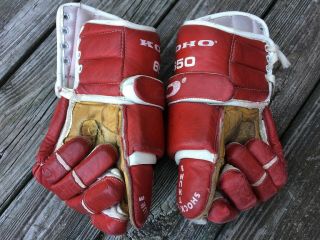 Vintage KOHO 650 HOCKEY GLOVES Red & White Detroit Red Wings Leather 1980s 14 