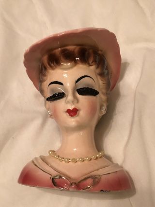 Vintage Napco National Potteries Co.  Made In Japan Head Vase In Pink And Pearls