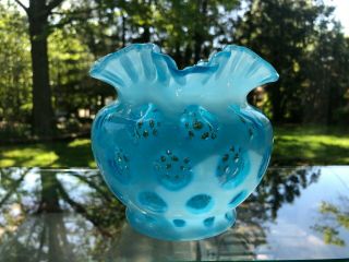 Vintage Fenton Blue Opalescent 5 Inch Coin Dot Vase Ruffle Top