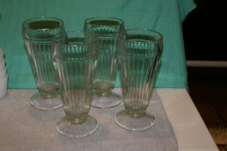 Vintage Set Of 4 Heavy Soda Fountain Ice Cream Sundae Footed Glasses Ribbed 7 " H