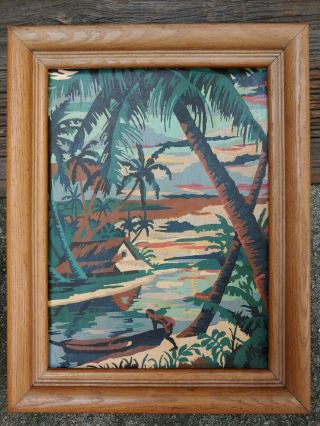 Vintage Paint By Number Jungle Landscape Boy Boat River Sunset Palm Trees Tropic