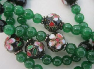 Vintage Jade Green Glass Flapper Necklace With Chinese Cloisonné Beads 36 "