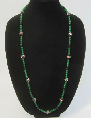 Vintage Jade Green Glass Flapper Necklace with Chinese Cloisonné Beads 36 