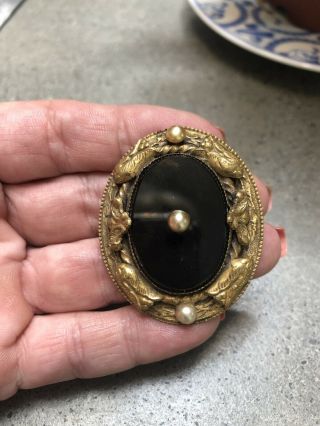 Vintage Victorian Black Onyx Faux Pearl Filigree Mourning Brooch Pin