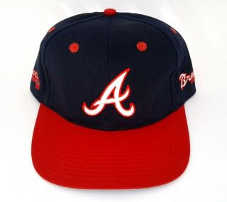 Vtg Atlanta Braves Adjustable Snapback Mlb Baseball Cap Hat Navy Red Back Logo