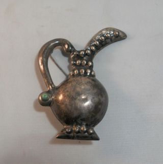 Vintage Mexico Silver Repousse Pitcher Ewer Jug Brooch Pin