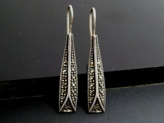 Vintage Sterling Silver Marcasite Art Deco Style Long Dangle Earrings Signed A
