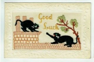 Ww1 Embroidered Silk Postcard Lucky Black Cats Fighting France Vintage 1914 - 1918