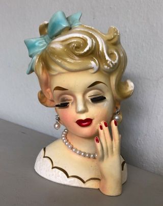 Vintage Rubens Originals Blond Lady Head Vase – 489– Blue Bow – Pearl Earrings