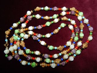 Vintage Art Deco Multi - Coloured Glass Bead Long Flapper Necklace Czech