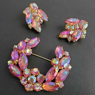 D&e Juliana Vtg Pink Ab Crystal Flower Rhinestone Brooch Pin & Earrings Set P140