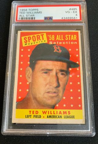 1958 Topps 485 Red Sox Ted Williams Psa - 4 Vg - Ex “honus Abe’s Vintage Cards”