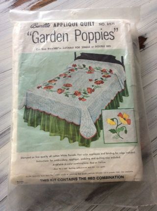 Vintage Bucilla Applique Quilt Top Kit 84x100 " Garden Poppies 8971 Red