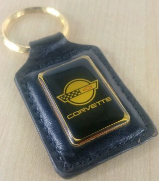 Vintage Corvette Leather Gold Colored Keychain Fob (1.  25 " Ring).