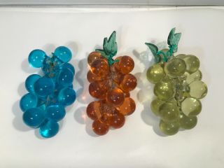 Set Of 3 Vintage Murano Blown Glass Grape Clusters Blue Amber Lite Olive Lqqk