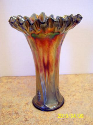Vintage Carnival Glass Vase Blue Ruffled Edge 6 1/2 " Iridescent Color